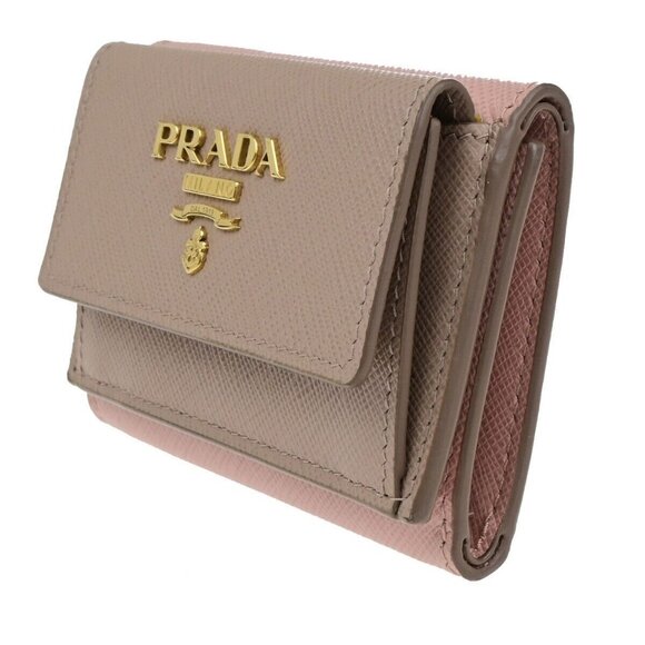 PRADA Logo Trifold Compact Wallet Saffiano Metal Leather Pink Beige 88FB246 - Picture 2 of 13